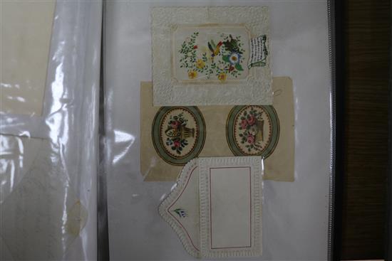 A collection of Victorian greeting cards, fashion cut outs etc